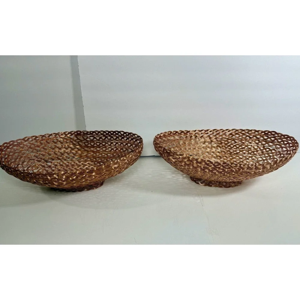 Vintage Woven Copper Wire Baskets Set of 2 Oval Footed Decorative Fruit Bowls